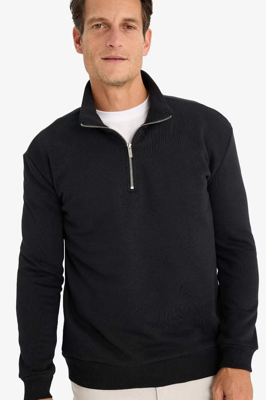 Comfort Regular Fit Relaxed Fit Zippered Basic Sweatshirt - - Black