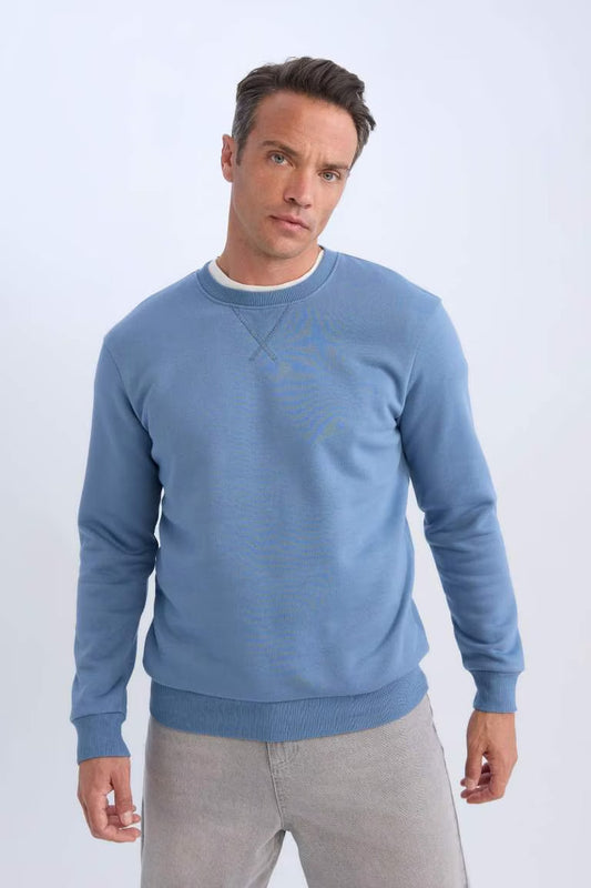 Regular Fit Crew Neck Basic Thick Sweatshirt - - Campus Blue