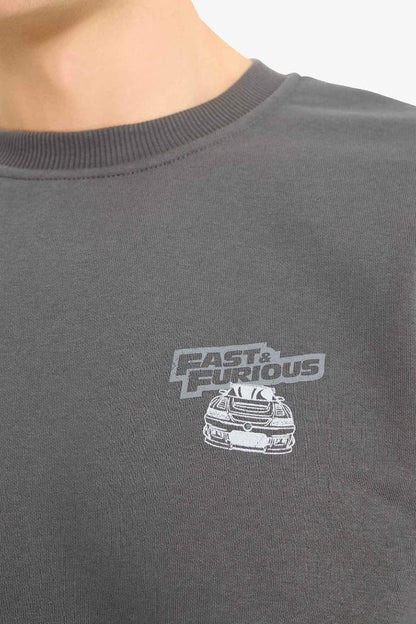 Fast & Furious Boxy Fit Crew Neck Printed Thick Sweatshirt - -