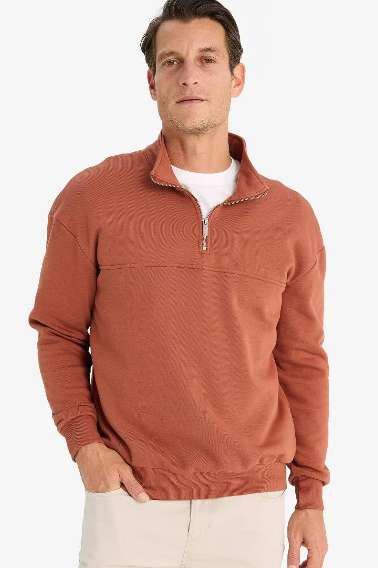 Relax Fit Stand Collar Zippered Basic Thick Sweatshirt - -