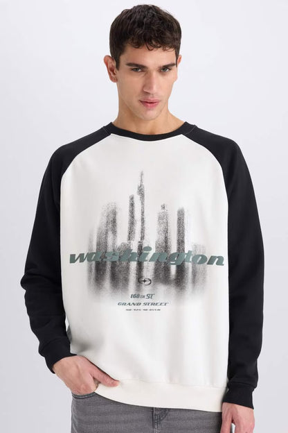 Oversize Fit Printed Long Sleeve Sweatshirt - - Ecru
