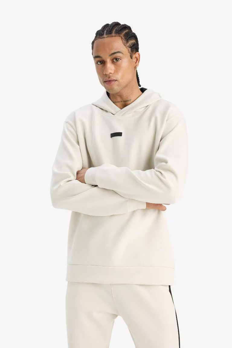 DeFactoFit Standard Fit Hooded Scuba Fabric Sports Sweatshirt - - stone