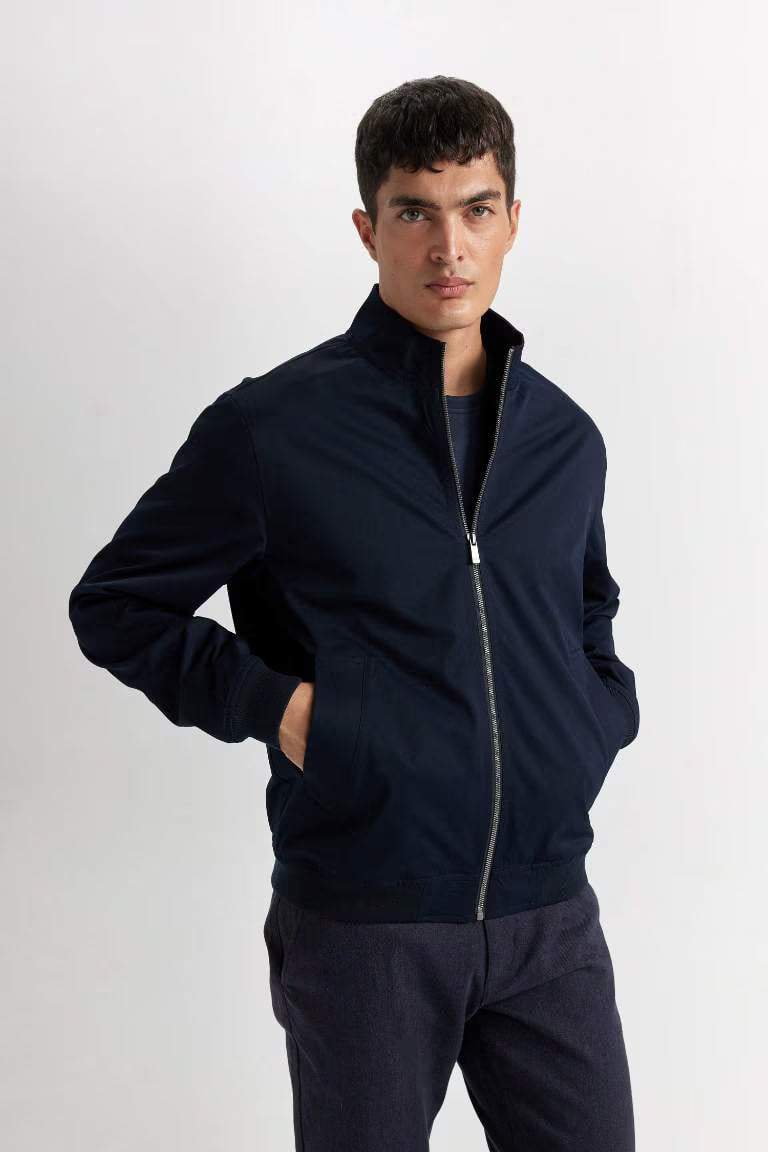 Slim Fit Stand Collar Zippered Jacket - - Navy