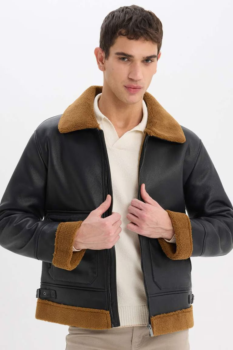Slim Fit Polo Collar Faux Fur Lined Zippered Jacket - -