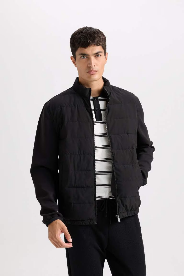 Slim Fit Stand Collar Elastic and Zippered Waterproof Jacket - - Black