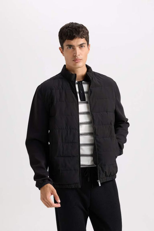 Slim Fit Stand Collar Elastic and Zippered Waterproof Jacket - - Black