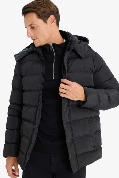Regular Fit Hooded Zipper Snap Closure Puffer Jacket - - Black