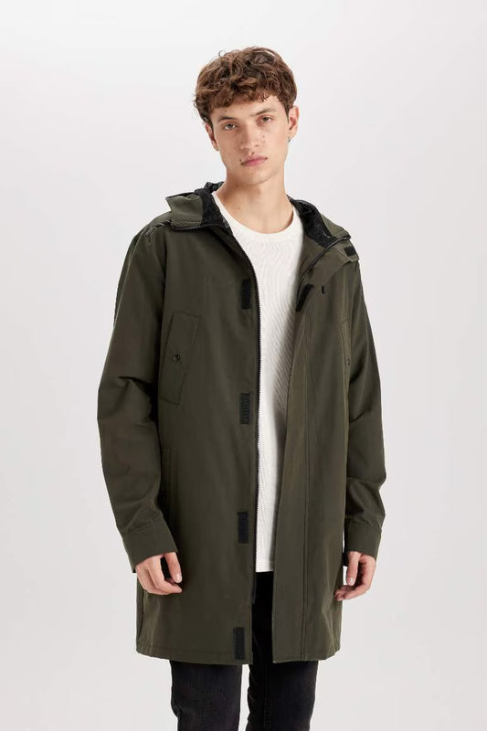 Waterproof Regular Fit Hooded Zippered Pocket Long Thin Raincoat - -