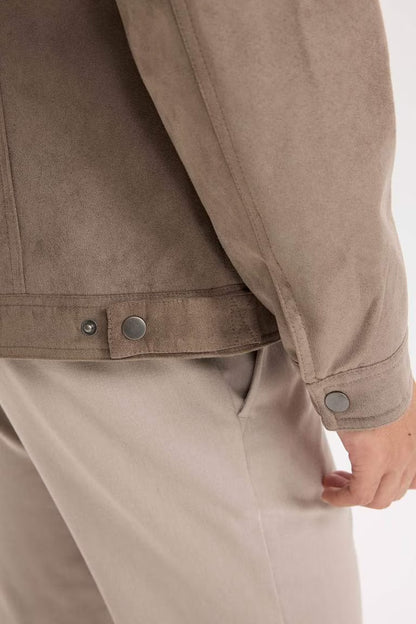 Slim Fit Stand Collar Zippered Suede Look Jacket - -