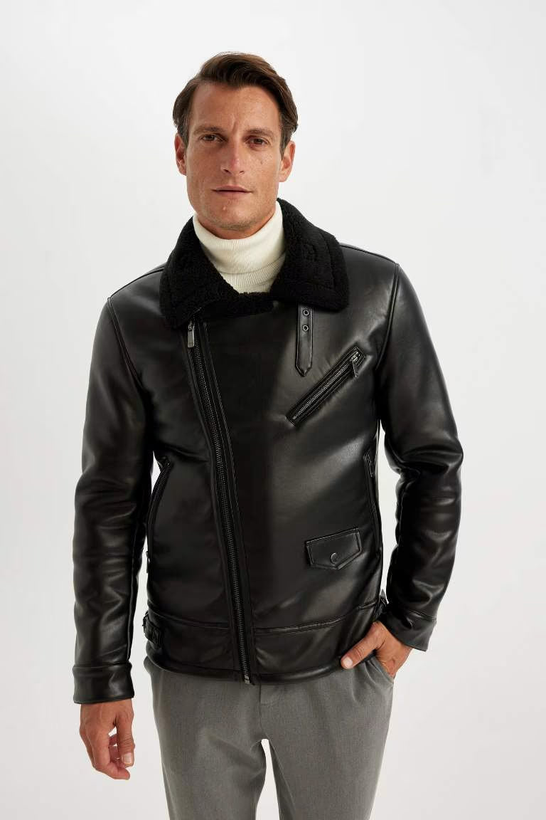 Slim Fit Lined Faux Leather Jacket - - Black
