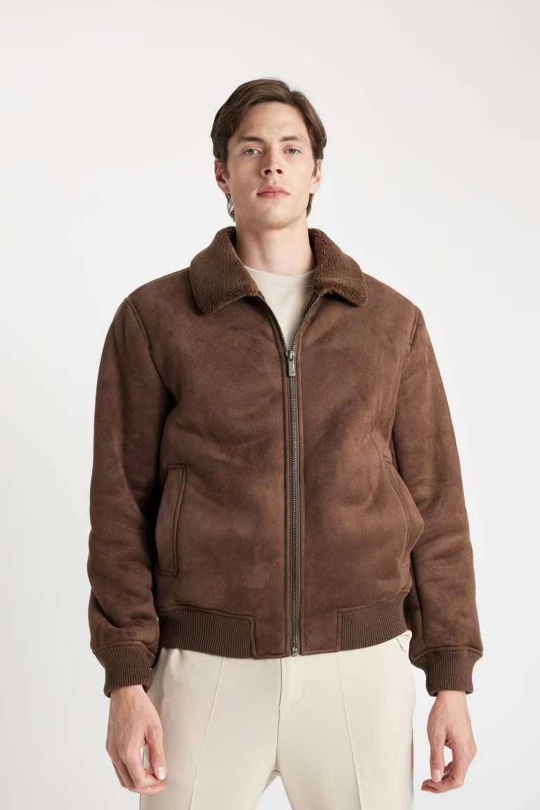 Slim Fit Lined Suede Puffer Jacket - -