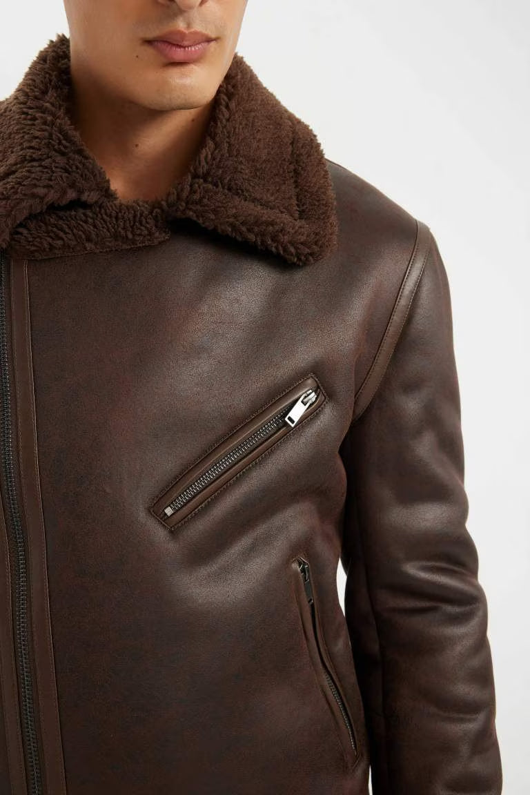 Slim Fit Faux Fur Lined Faux Leather Puffer Jacket - -
