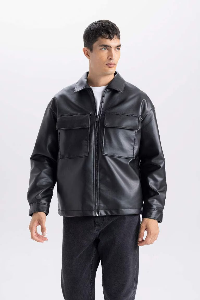 Oversize Fit Shirt Collar Zippered Waterproof Jacket - -