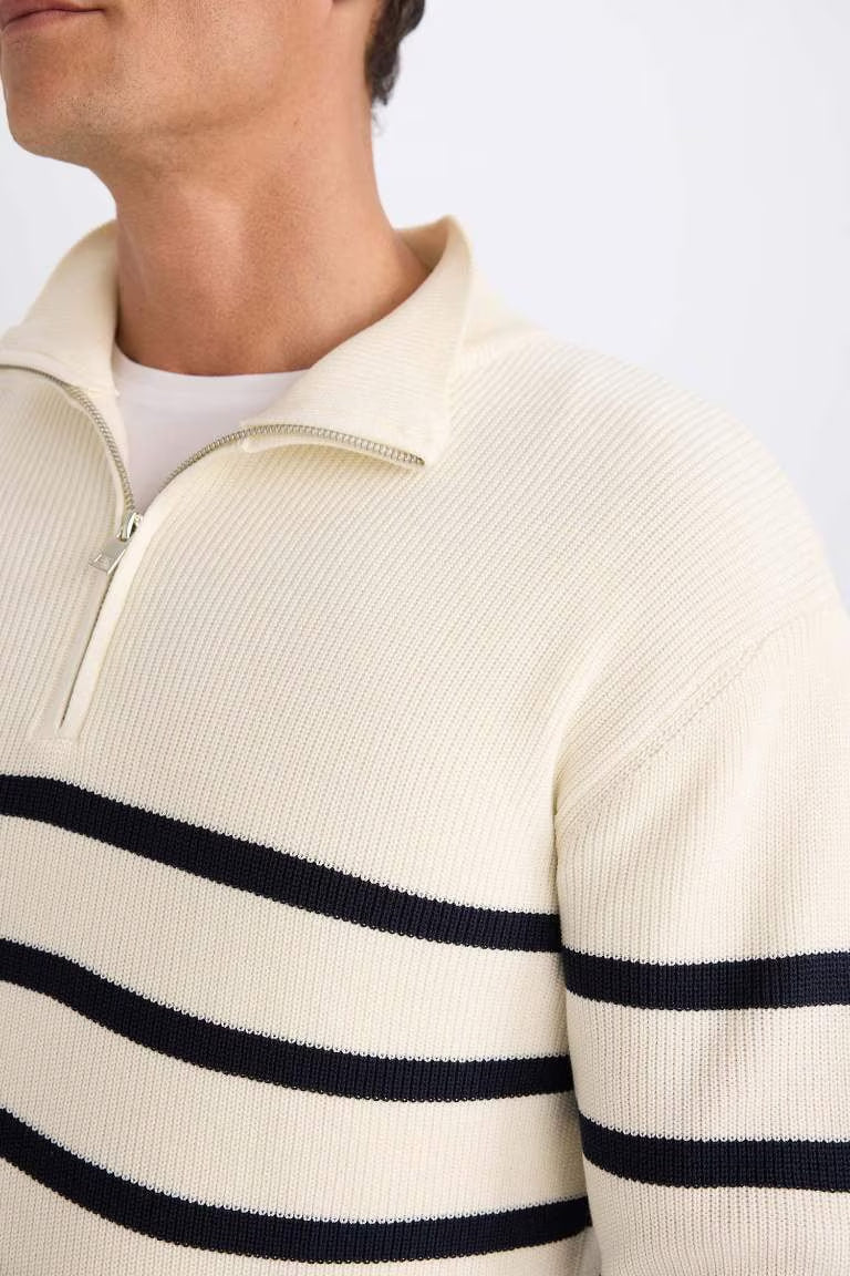 Standard Fit Stand Collar Striped Zippered Pullover - -