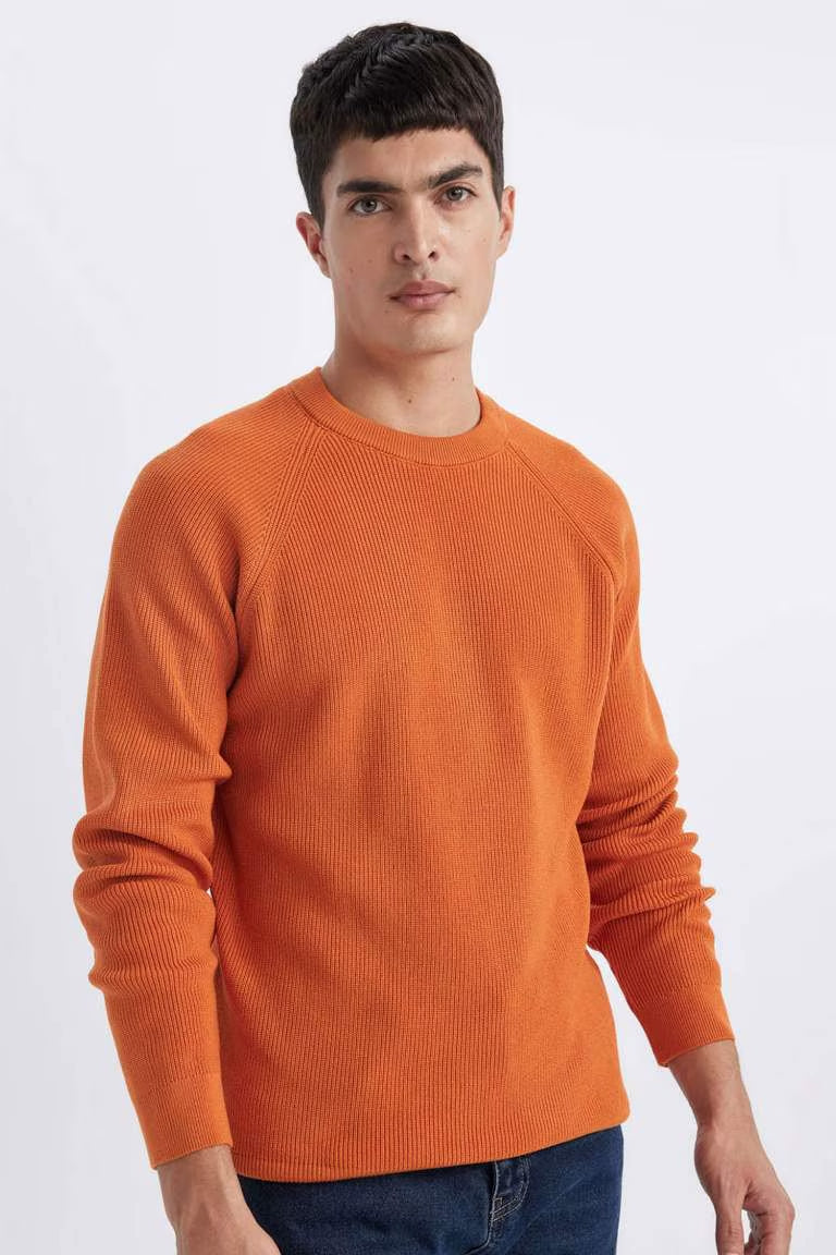 Standard Fit Crew Neck Basic Knitted Pullover - - Orange
