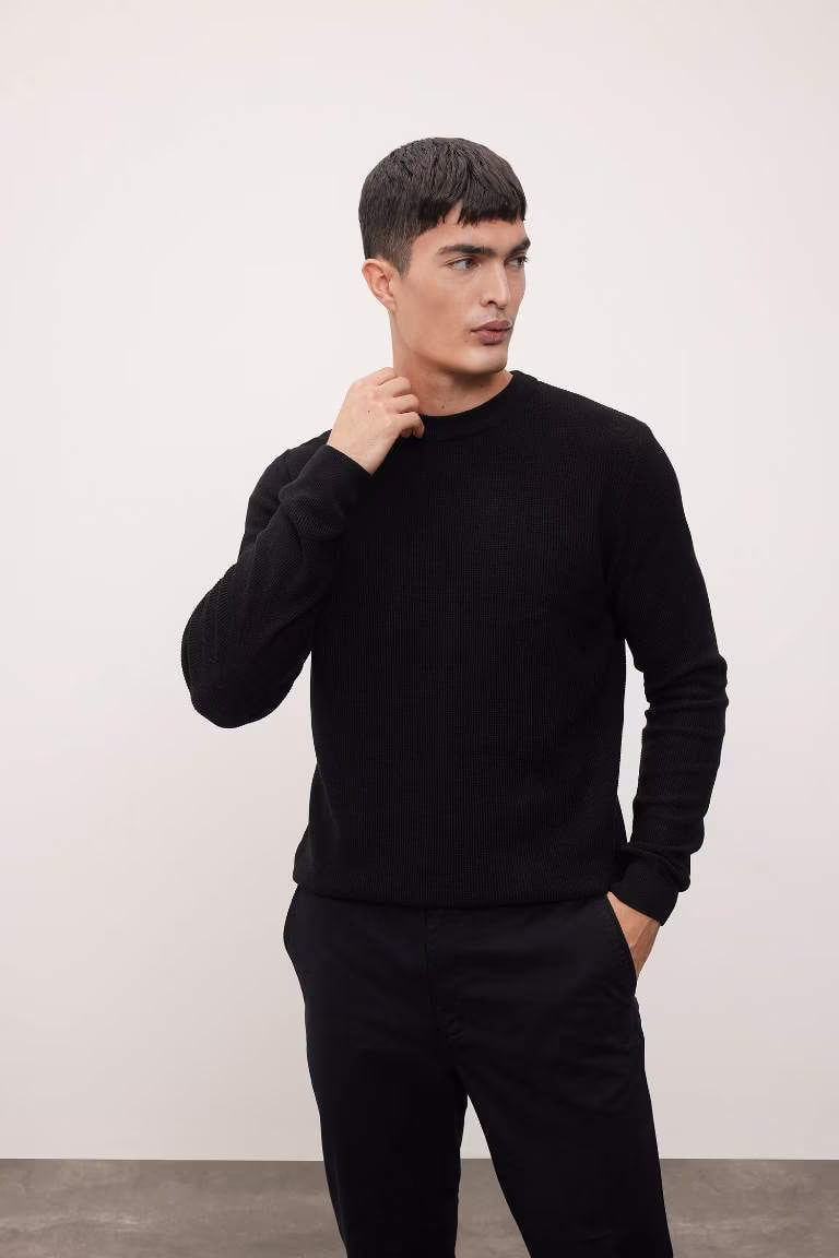 Standard Fit Crew Neck Knitwear Pullover - - Black