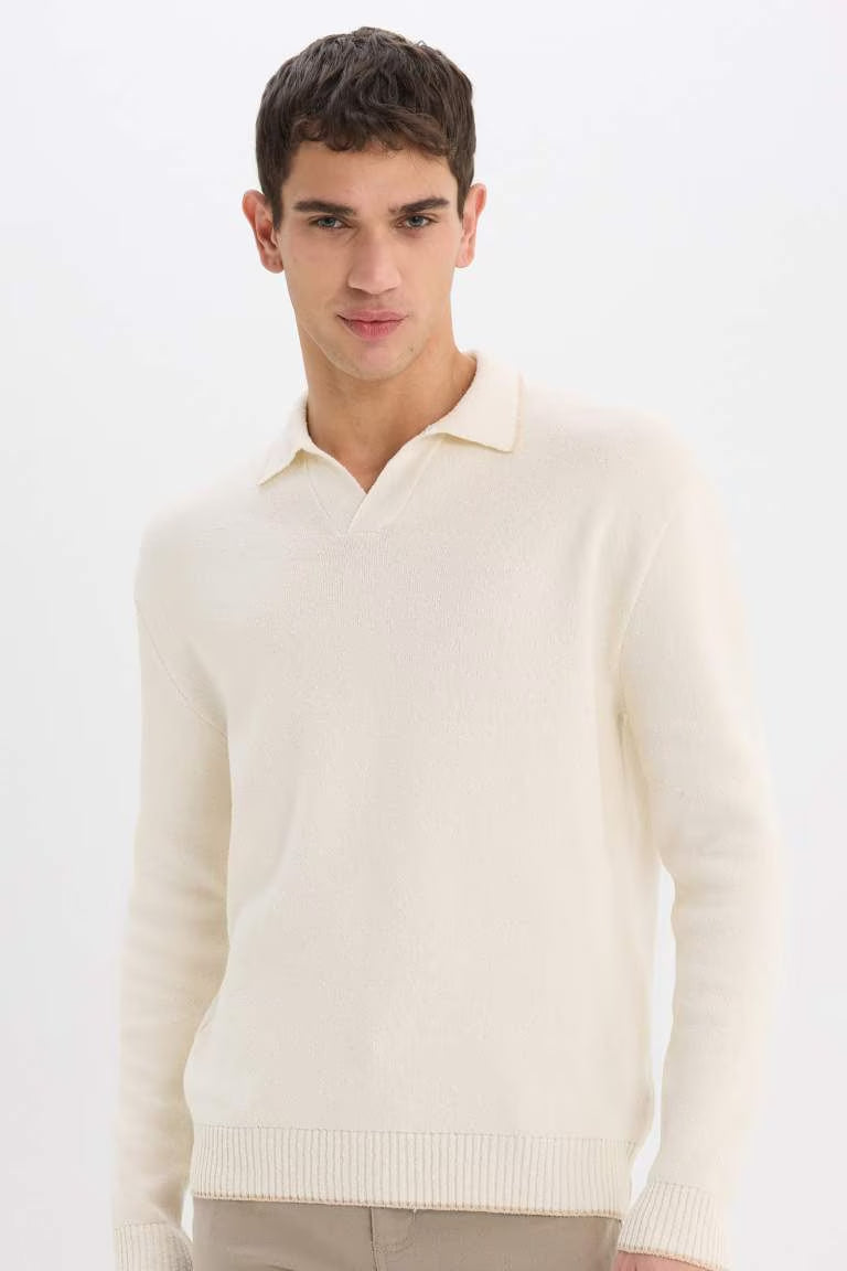 Standard Fit Polo Neck Knitted Pullover - - Ecru