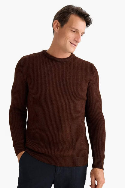 Standard Fit Crew Neck Basic Knitwear Pullover - - Brown
