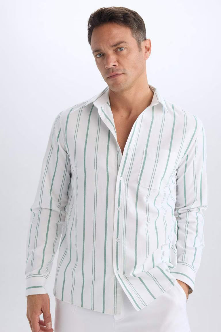 Regular Fit Polo Neck Striped Shirt - - Green