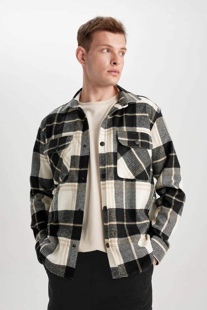 Relax Fit Checkered Cotton Long Sleeve Shirt - -