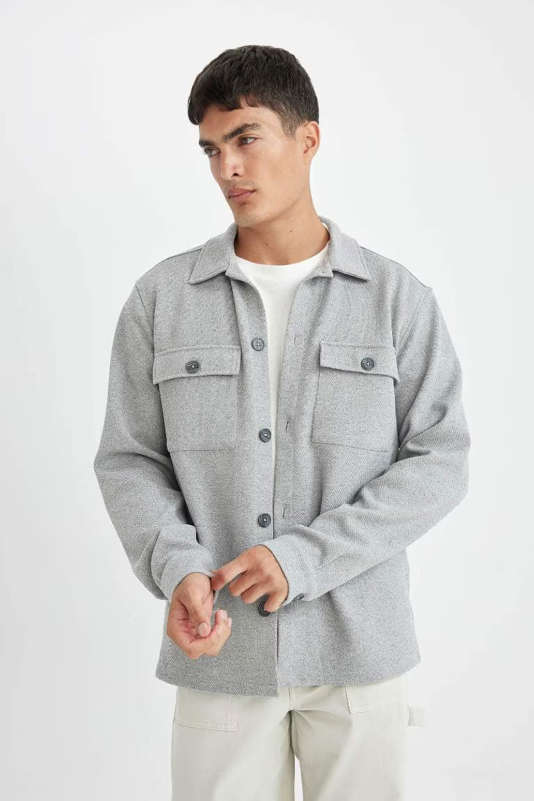 Regular Fit Polo Collar Twill Basic Shirt Jacket - - Heather