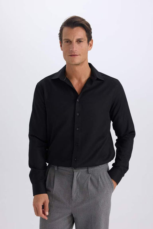 Slim Fit Polo Collar Oxford Long Sleeve Shirt - - Black