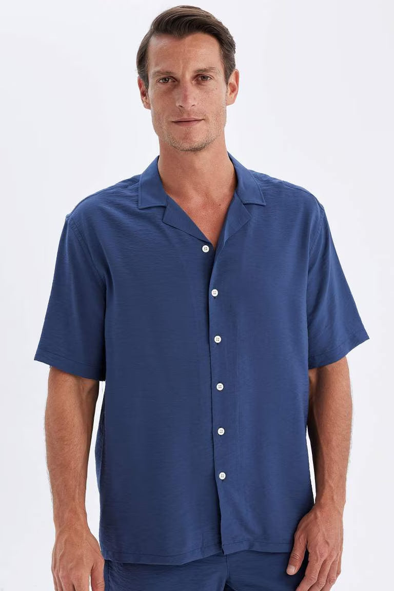 Relax Fit Polo Neck Short Sleeve Shirt - - Blue