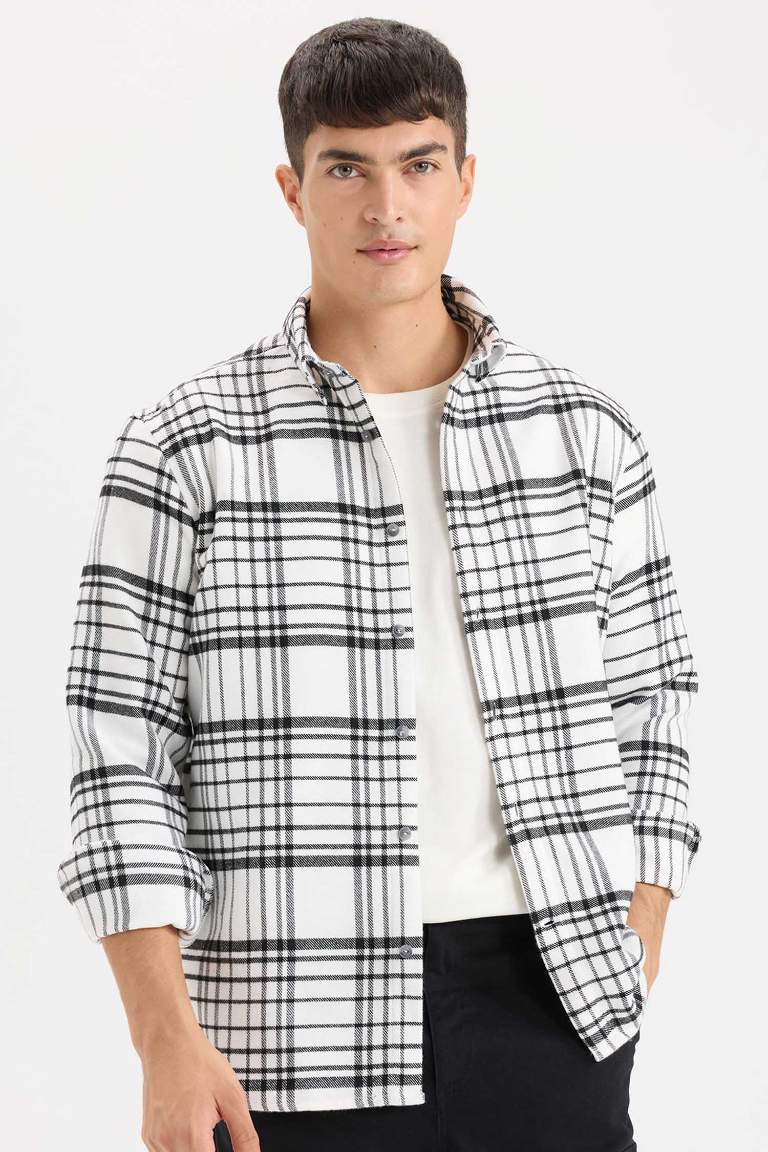Regular Fit Flannel Long Sleeve Checkered Shirt - - Ecru