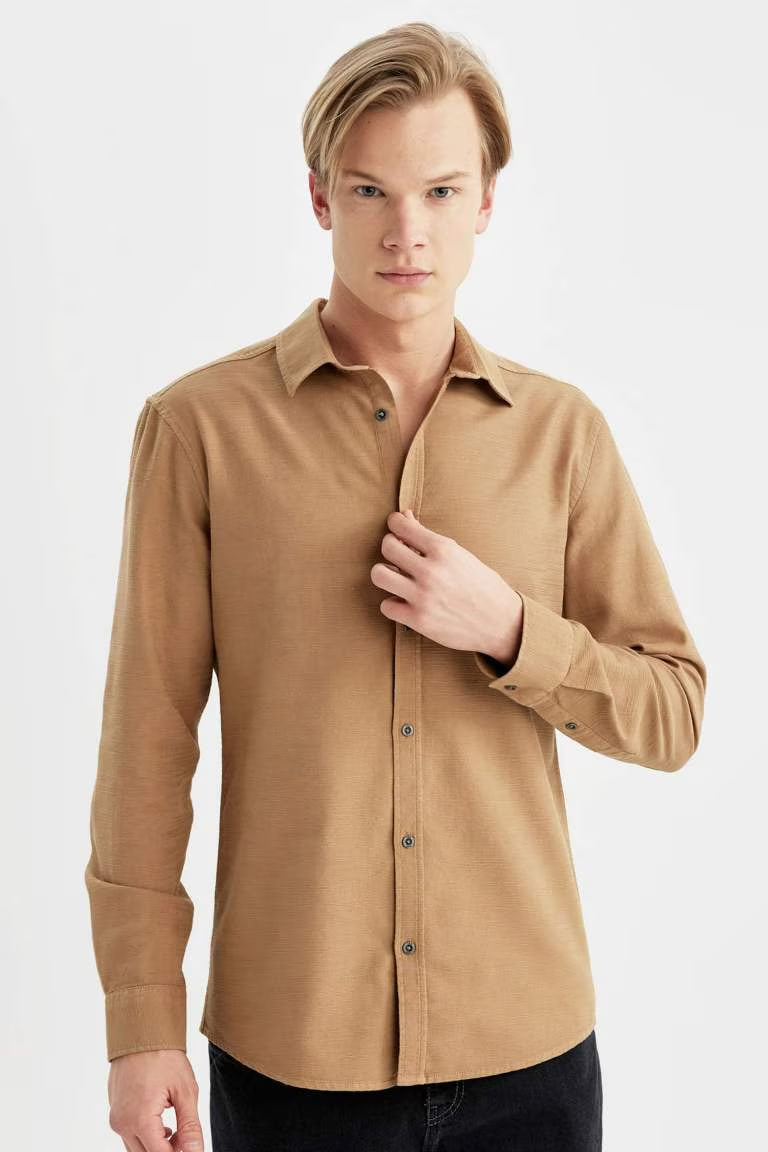 Slim Fit Cotton Long Sleeve Shirt - - camel