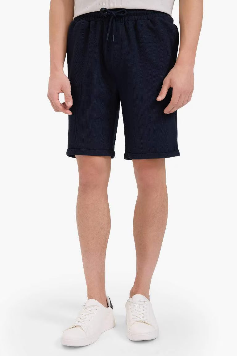 Regular Fit Textured Basic Bermuda Shorts - - Navy