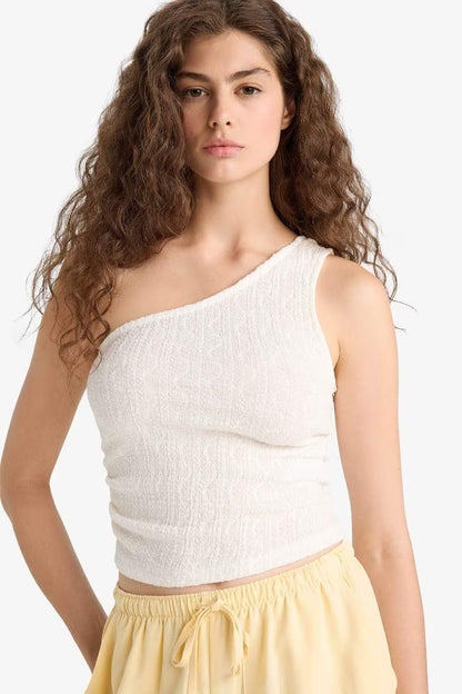 Slim Fit Lace One Shoulder Tank Top - - White