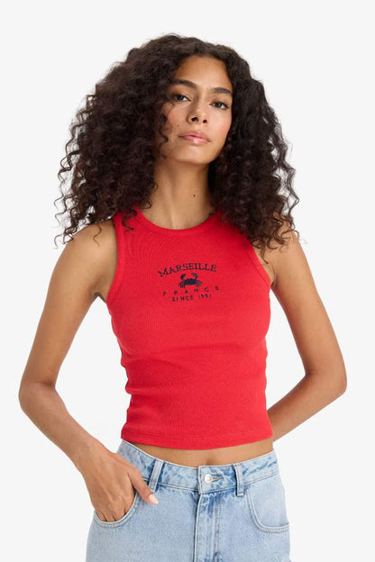 Slim Fit Printed Camisole Halter Collar Tank Top - -