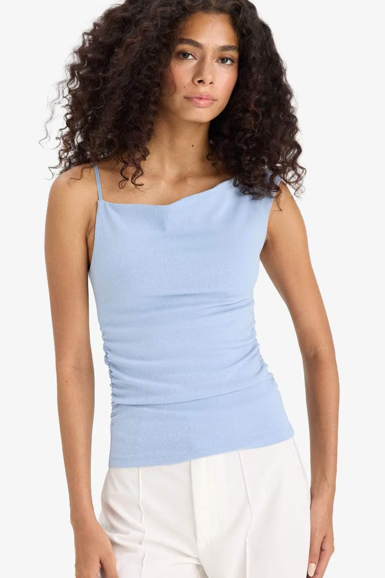 Asymmetric Crepe One Shoulder Tank Top - - sky