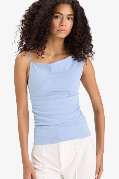 Asymmetric Crepe One Shoulder Tank Top - - sky