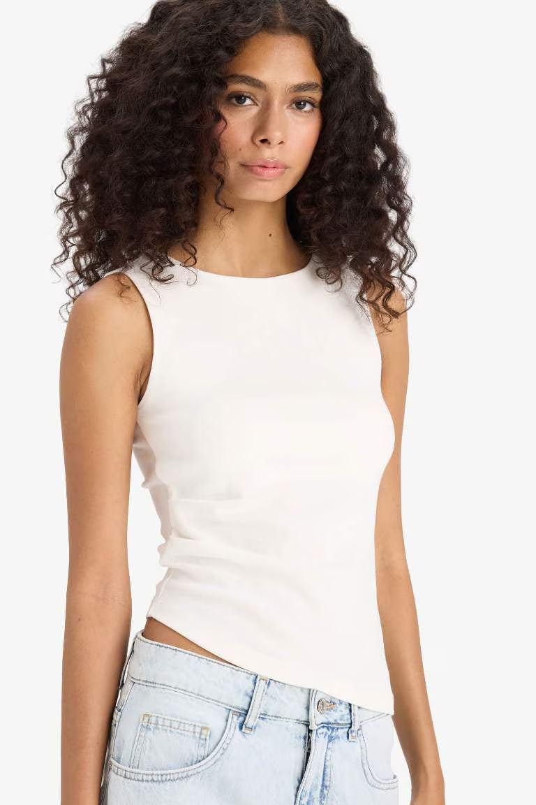Slim Fit Ribana Crew Neck Tank Top - - Ecru