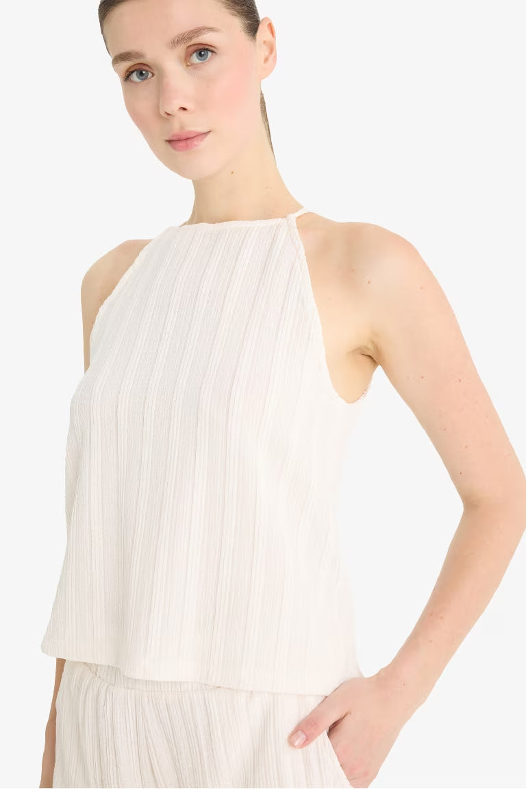 Regular Fit Crew Neck Crepe Blouse - - Ecru