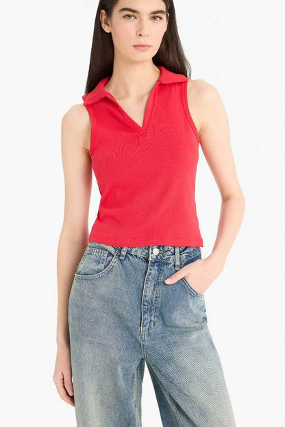 Slim Fit Polo Neck Ribbed Red Tank Top - - Red