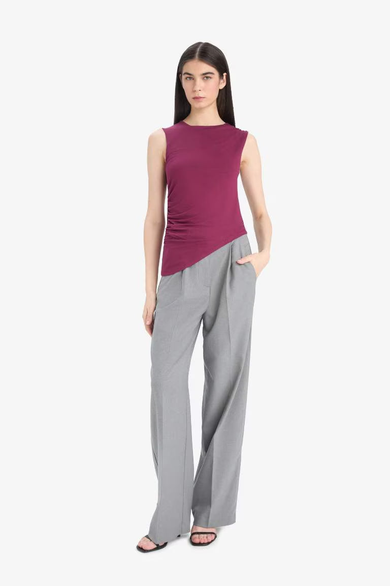 Slim Fit Basic Asymmetric Cut Draped Blouse - -