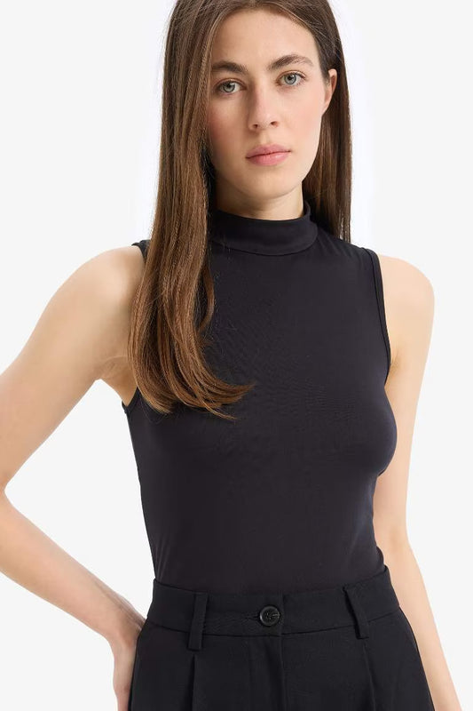 Slim Fit Half Turtleneck Tank Top - - Black
