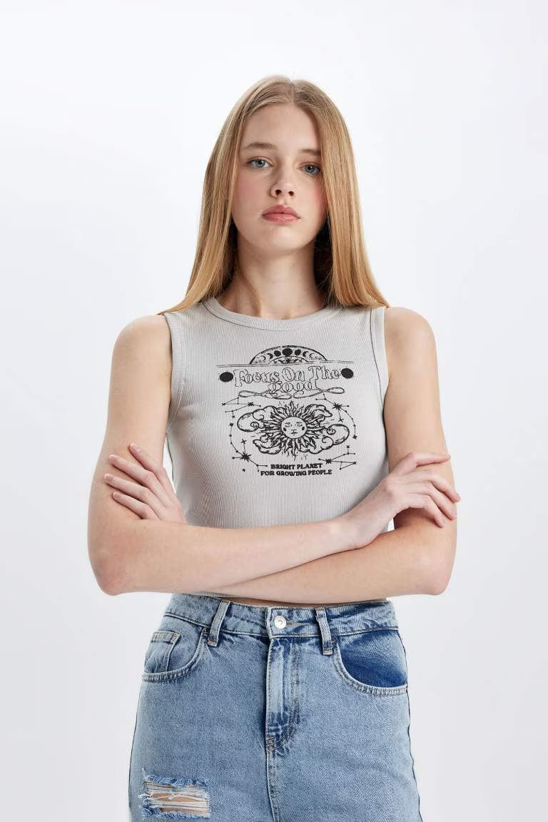 Fitted Printed Crew Neck Ribbed Camisole Crop Top - - Heather