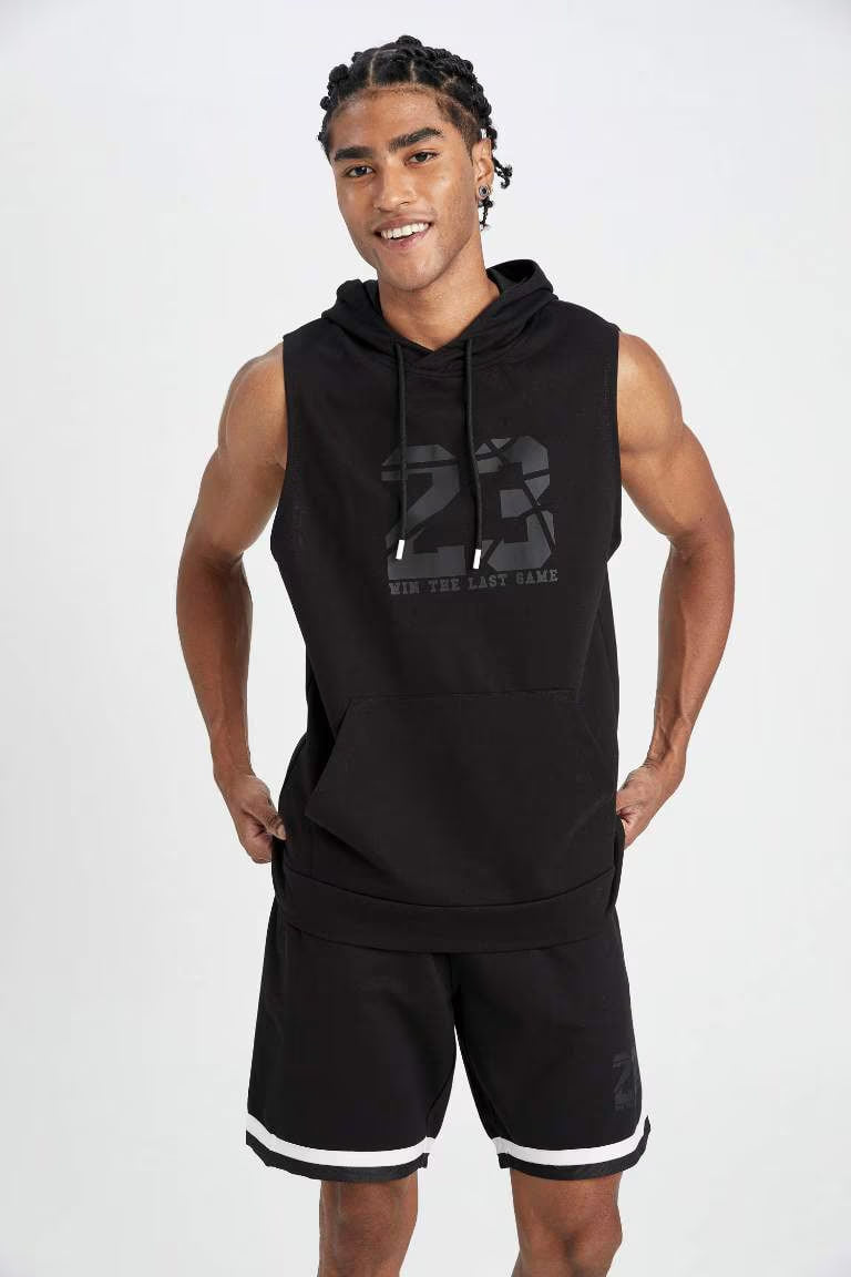 DeFactoFit Standard Fit Printed Hooded Tank Top - - Black