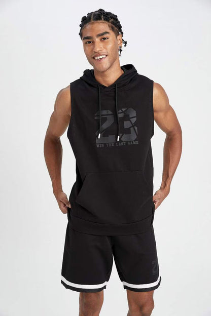 DeFactoFit Standard Fit Printed Hooded Tank Top - - Black