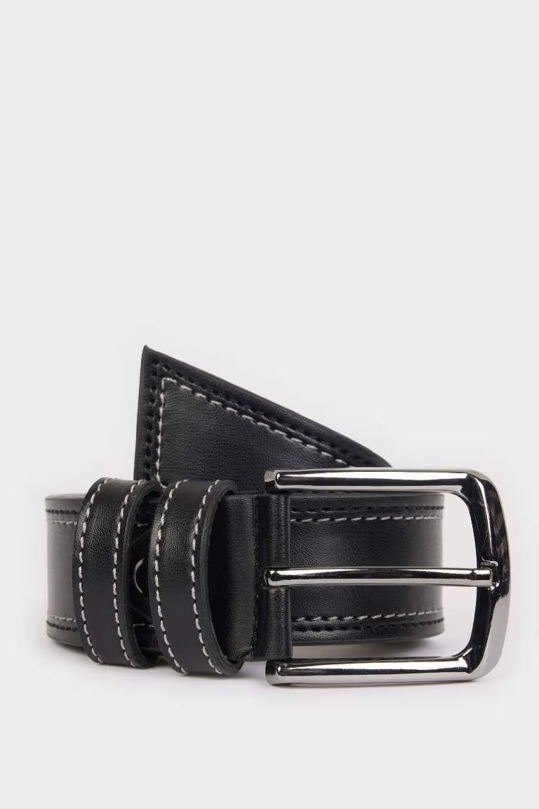 Man Rectangle Clasp Faux Leather Denim Belt - - Black