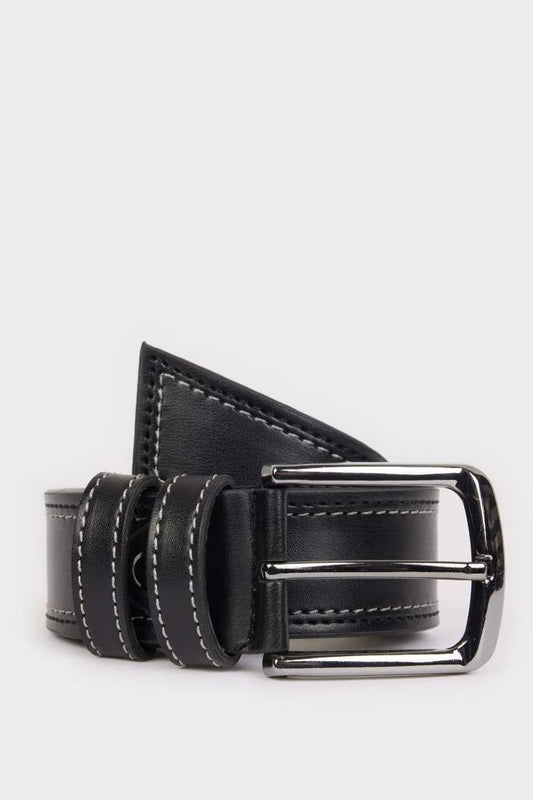 Man Rectangle Clasp Faux Leather Denim Belt - - Black