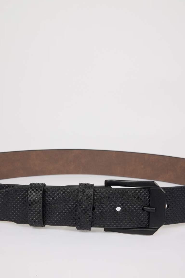 Man Rectangle Clasp Faux Leather Belt - - Black