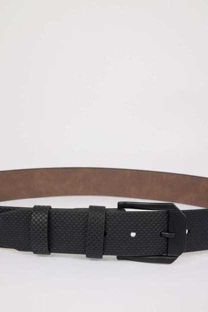 Man Rectangle Clasp Faux Leather Belt - - Black