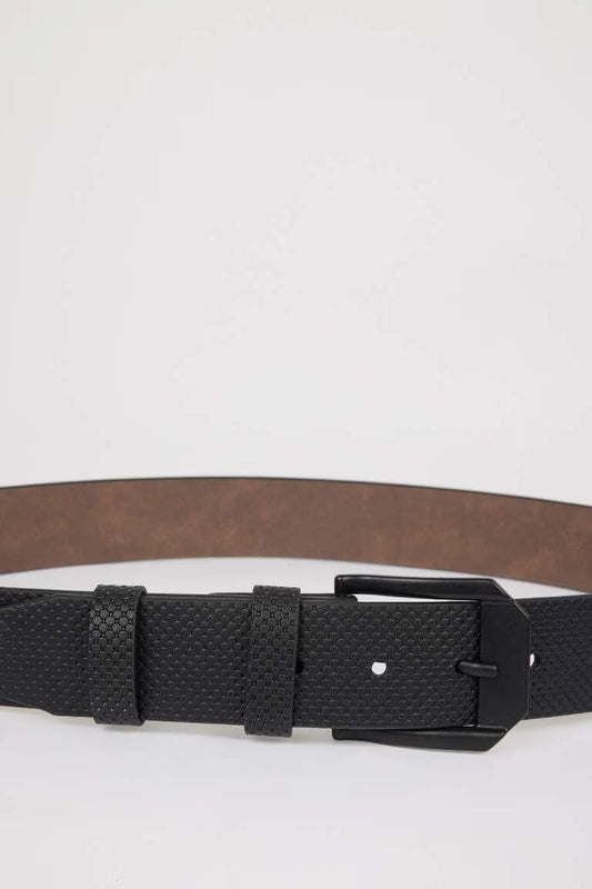 Man Rectangle Clasp Faux Leather Belt - - Black