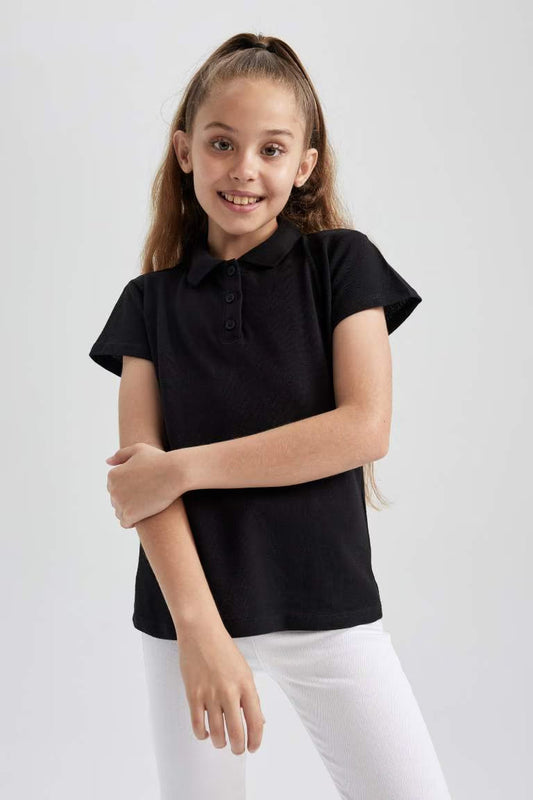 Girl Cotton Short Sleeve Basic Polo T-shirt - - Black