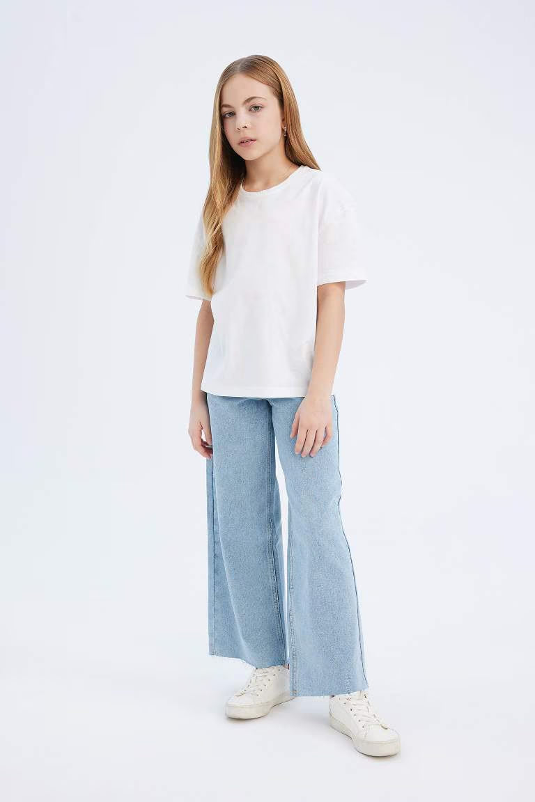 Girl Relax Fit Crew Neck Basic Short Sleeve T-Shirt - -