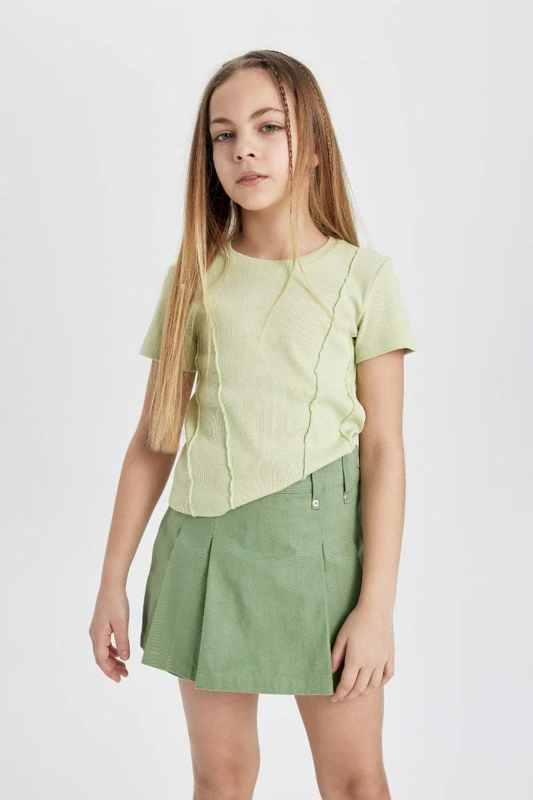 Girl Slim Fit Crew Neck Basic Rib T-Shirt - - Green
